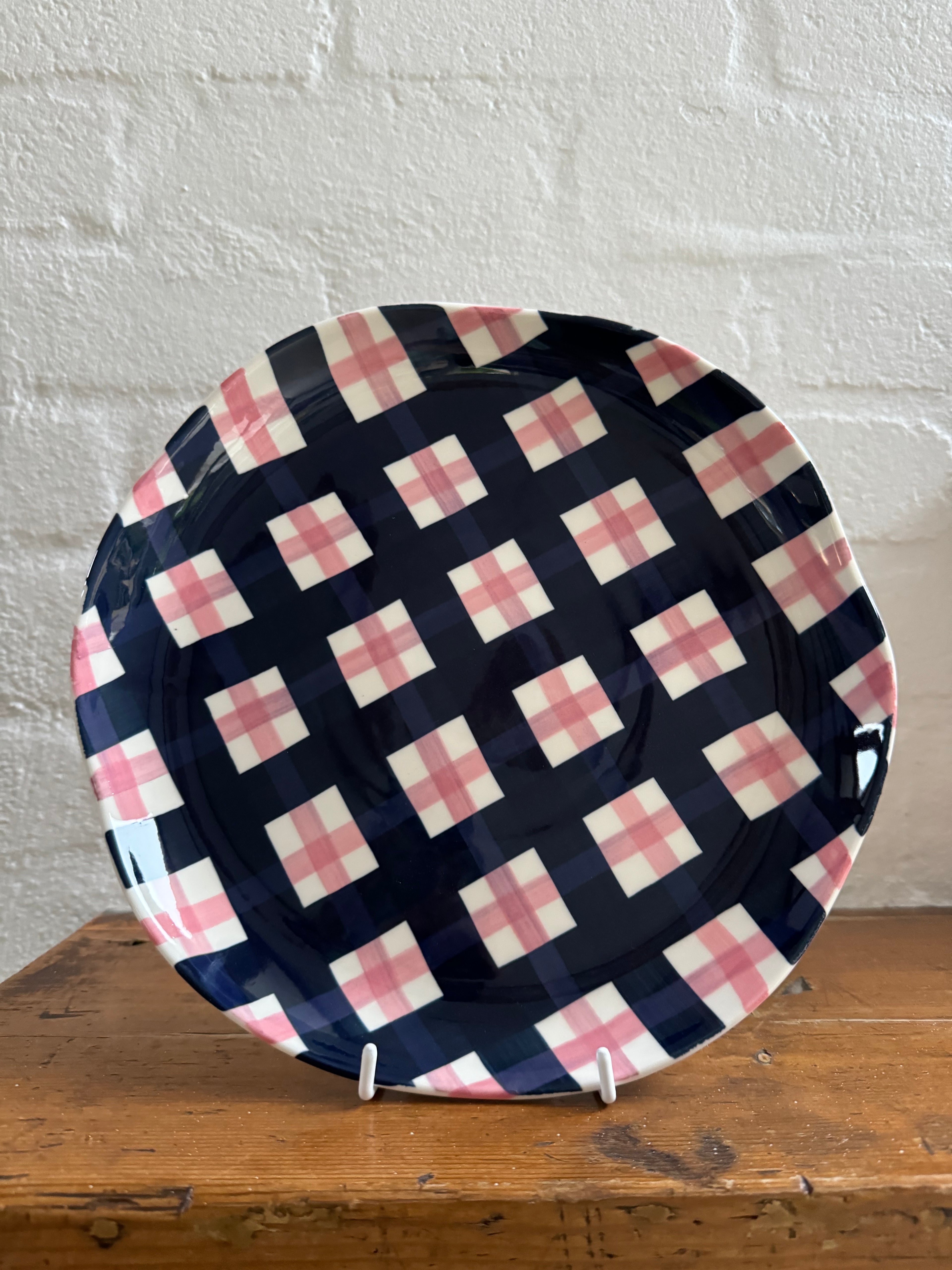 Navy & Pink Gingham Dinner Plate - Pack of 4