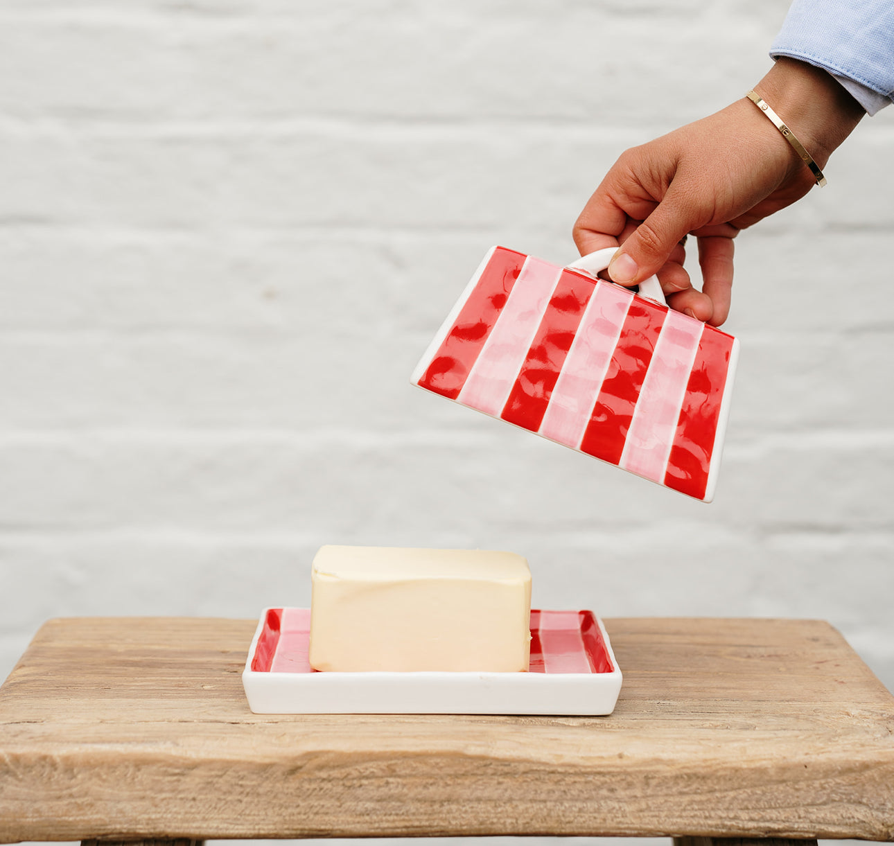 Red & Pink Stripe Large Butter Dish | Noss and Co