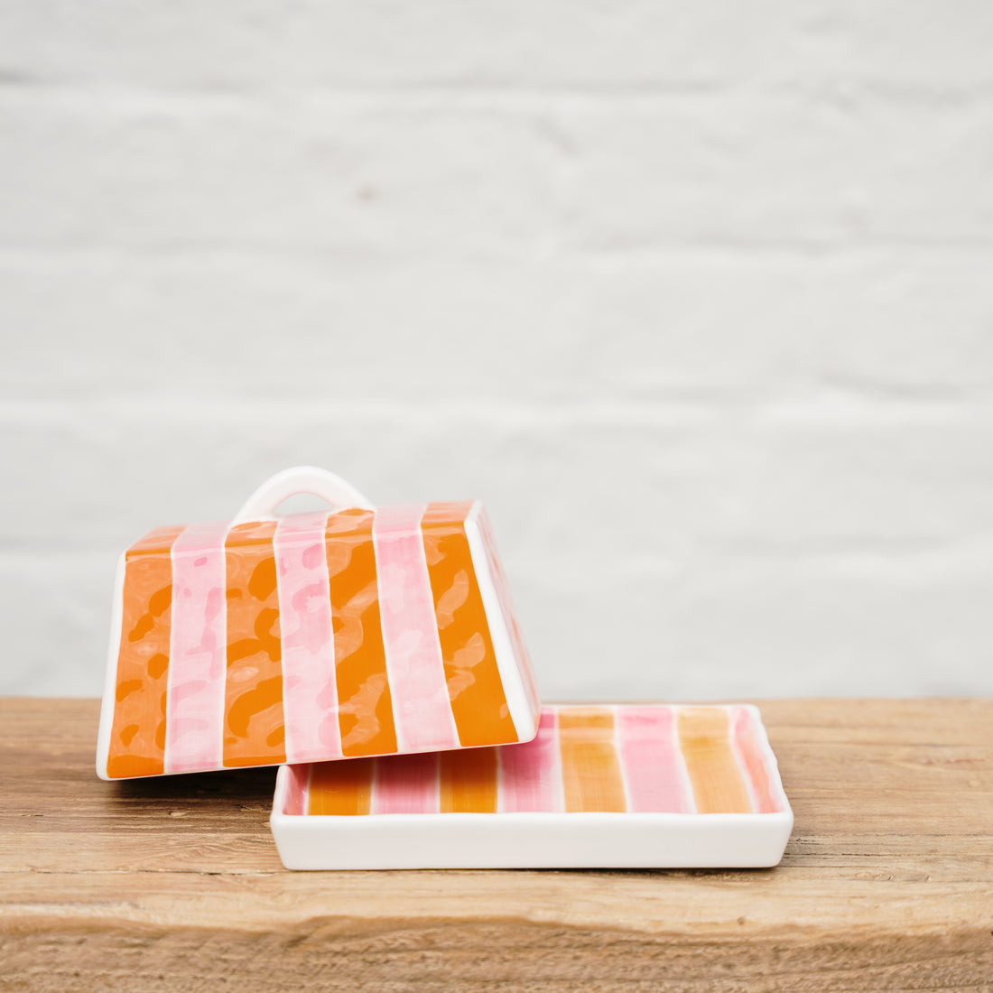 Large Butter Dish - Orange &amp; Pink Stripe