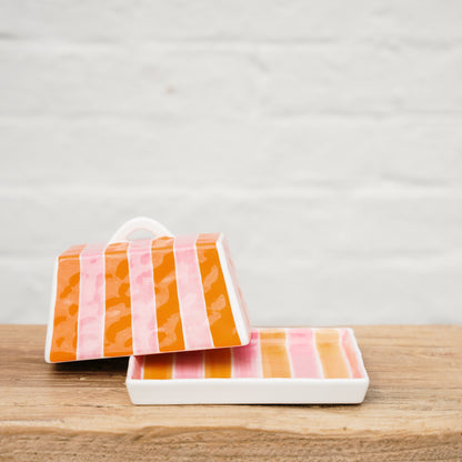 Large Butter Dish - Orange &amp; Pink Stripe