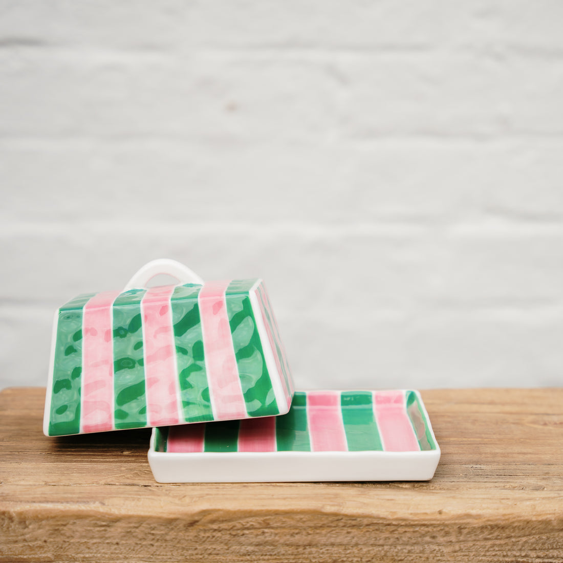 Large Butter Dish - Pink &amp; Green Stripe
