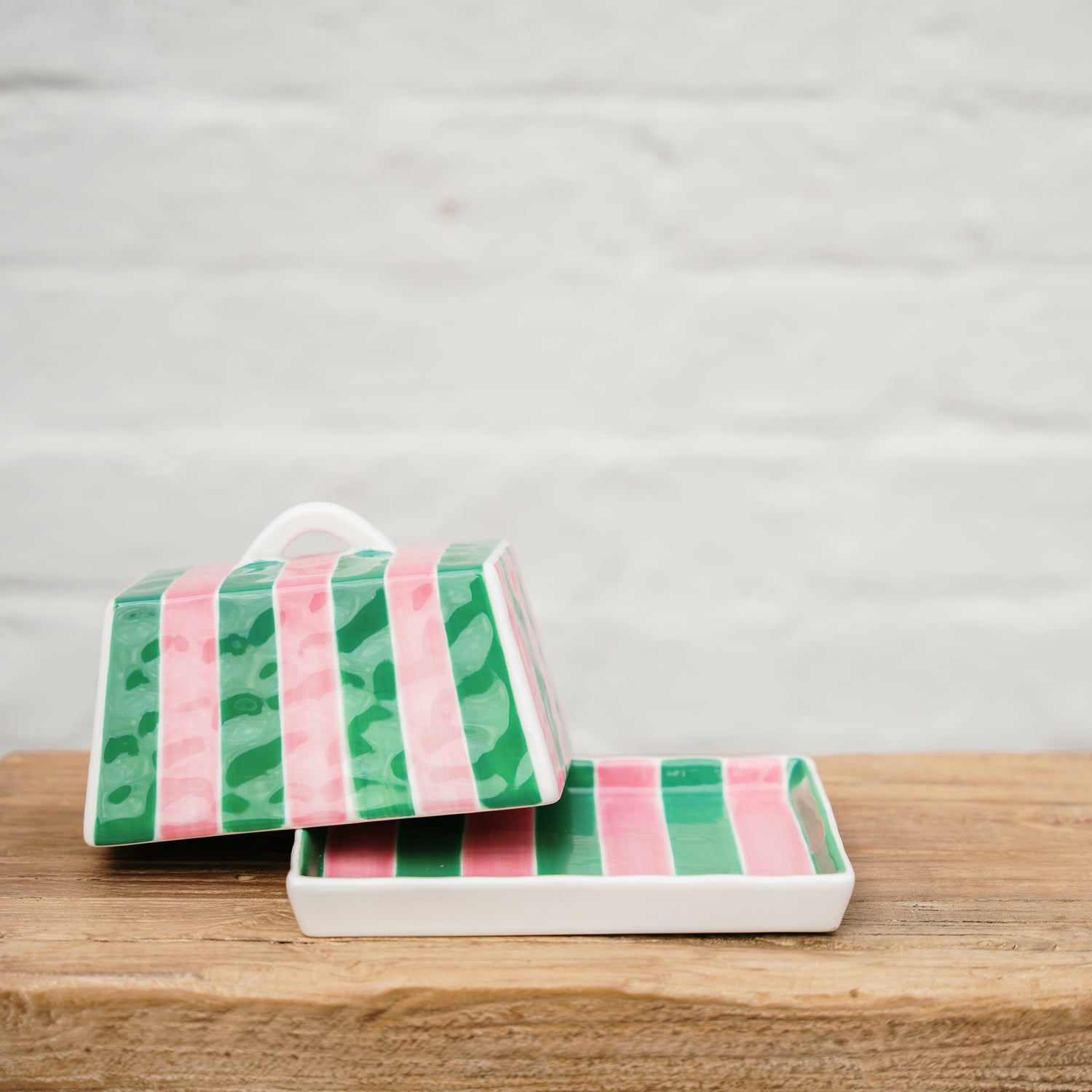 Large Butter Dish - Pink &amp; Green Stripe