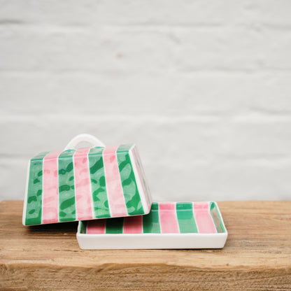 Large Butter Dish - Pink &amp; Green Stripe