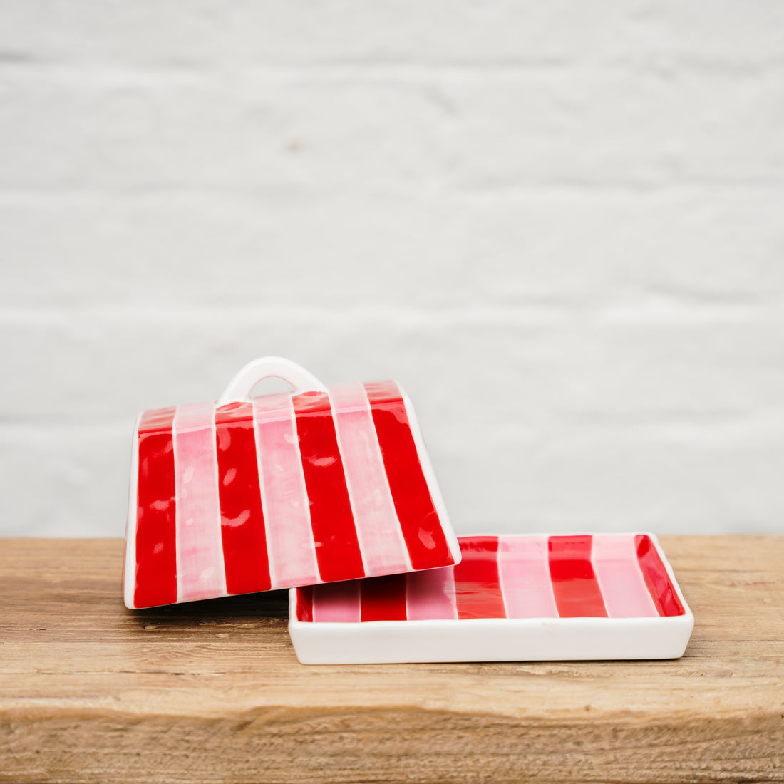 Large Butter Dish - Red &amp; Pink Stripe