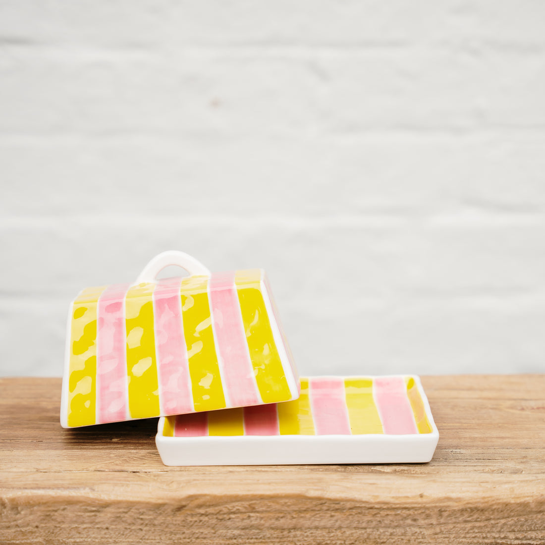 Large Butter Dish - Pink &amp; Yellow Stripe